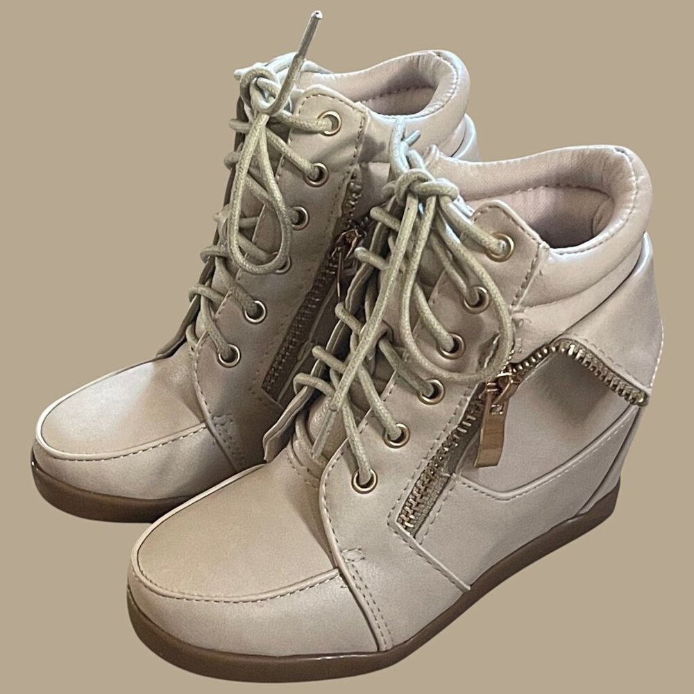 Lucky Top Kids Girls Leatherette Lace-Up High Top Hidden Wedge Beige Sneakers